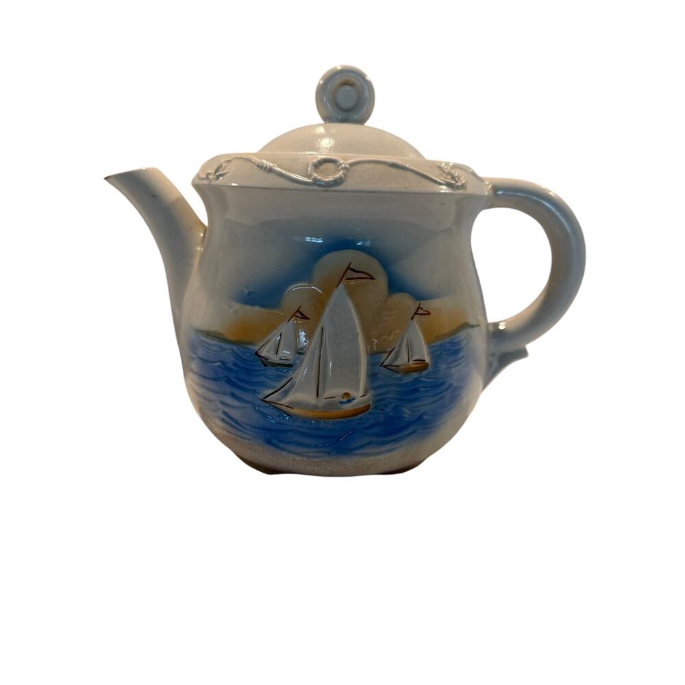 Porcelier Vitreous Hand Decorated Sailboat Teapot